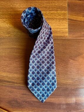 VERSACE Vintage Navy and Gold Circular Medallion Silk Tie Made In Italy